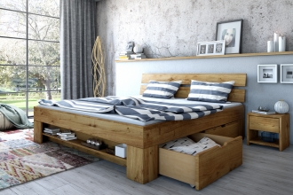 180x200 Bett Futonbett Holzbett mit Bettkasten Wildeiche Massiv Salima180E gelt