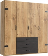 4 trg. Kleiderschrank DETROIT F99250 in Plankeneiche Nachbildung, Absetzung Raw steel + Metall