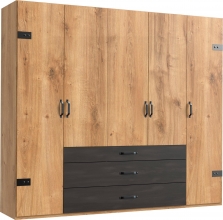 5 trg. Kleiderschrank DETROIT F99252 in Plankeneiche Nachbildung, Absetzung Raw steel + Metall