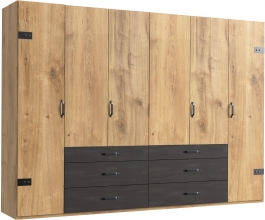 6 trg. Kleiderschrank DETROIT F99 254 in Plankeneiche Nachbildung, Absetzung Raw steel + Metall