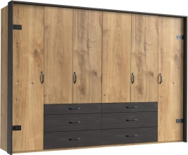 6 trg. Kleiderschrank DETROIT F99 254 in Plankeneiche Nachbildung, Absetzung Raw steel + Metall