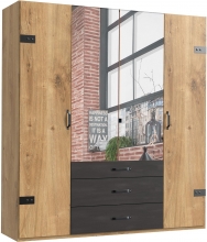 4 trg. Kleiderschrank DETROIT F99251 in Plankeneiche Nachbildung, Absetzung Raw steel + Metall, mit Spiegel