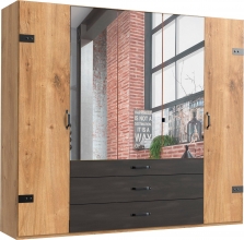 5 trg. Kleiderschrank DETROIT F99 253 in Plankeneiche Nachbildung, Absetzung Raw steel + Metall, mit 3 Spiegel