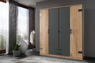 4 trg. Kleiderschrank Dreht�renschrank CORK T25 473 in Plankeneiche Nachbildung, Abs. Graphit + Schubladen