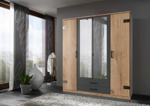4 trg. Kleiderschrank Dreht�renschrank CORK T25 453 in Plankeneiche Nachbildung, Abs. Graphit + Schubladen + Spiegel