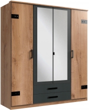 4 trg. Kleiderschrank Dreht�renschrank CORK T25 453 in Plankeneiche Nachbildung, Abs. Graphit + Schubladen + Spiegel