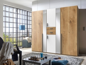 6 trg. Kleiderschrank ODESSA D20244 in Plankeneiche Nachbildung, Absetzung wei� mit Accessoire-Fach und Spiegel