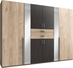 8 trg. Kleiderschrank ODESSA D26 245 in Hickory Oak Nachbildung, mittlere T�ren Raw Steel mit Accessoire-Fach und Spiegel