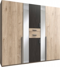 6 trg. Kleiderschrank ODESSA D26 244 in Hickory Oak Nachbildung, mittlere T�r Raw Steel mit Accessoire-Fach und Spiegel