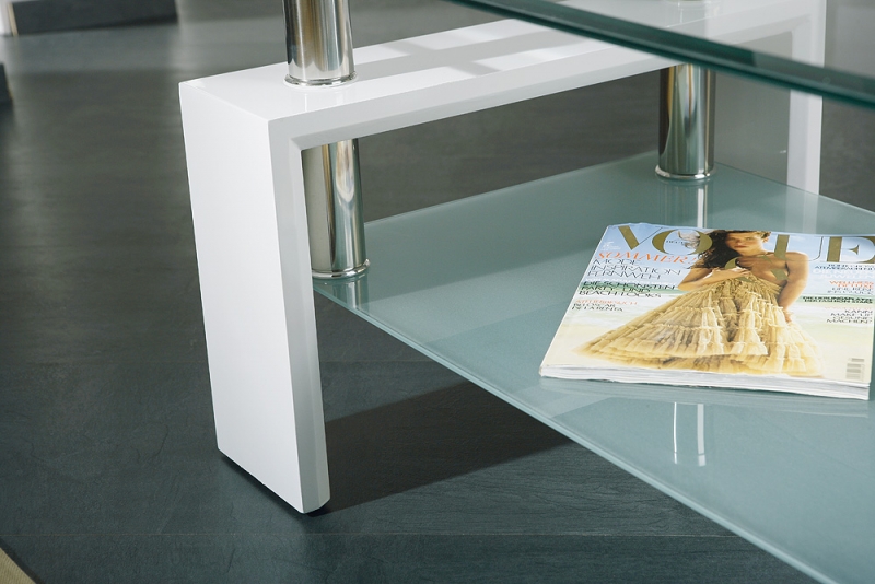 Couchtisch Stubentisch Tisch ALVA Metall verchromt, Weiß Dekor, Glas ESG