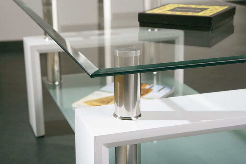 Couchtisch Stubentisch Tisch ALVA Metall verchromt, Weiß Dekor, Glas ESG