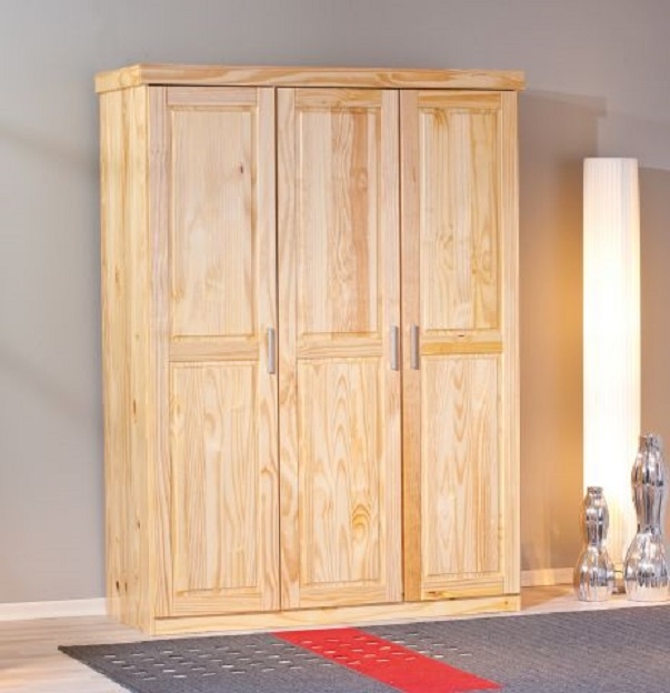 3-trg. Schrank Kleiderschrank Schlafzimmerschrank PELLE Kiefer Vollmassiv Klar lackiert