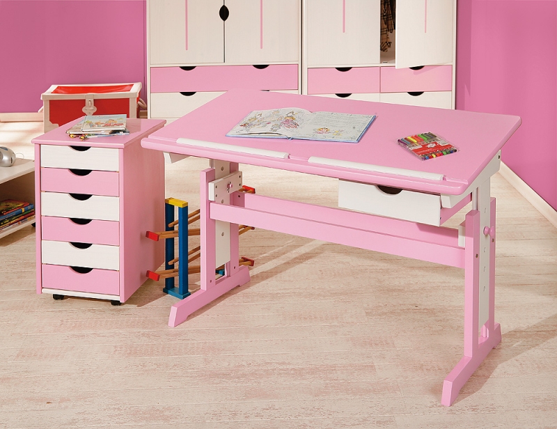 Lerntisch Tisch Jugendschreibtisch Schreibtisch CECILIA Massiv Pink & Wei�
