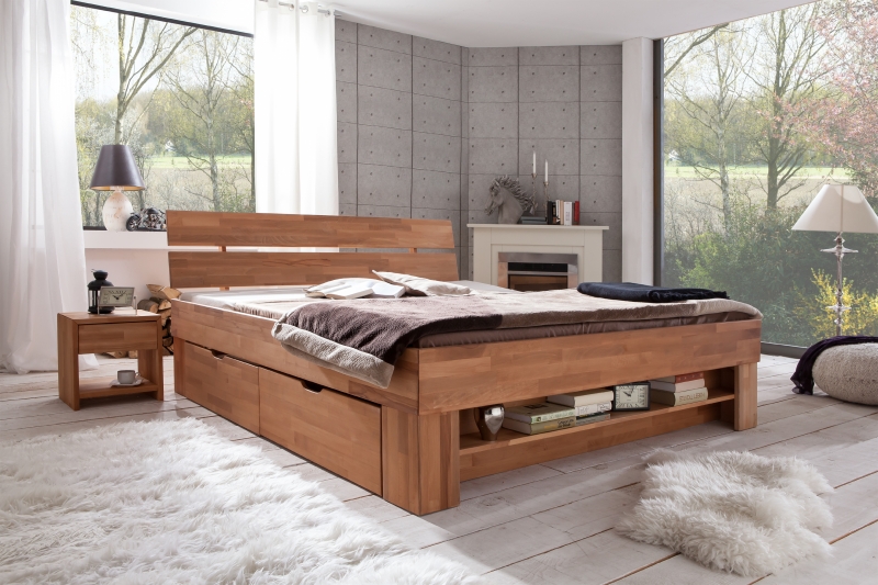 140x200 Bett Futonbett Holzbett mit Bettkasten Kernbuche Massiv Siegrid140E ge�lt