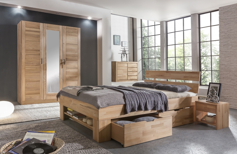 140x200 Bett Futonbett Holzbett mit Bettkasten Kernbuche Massiv Siegrid140E ge�lt