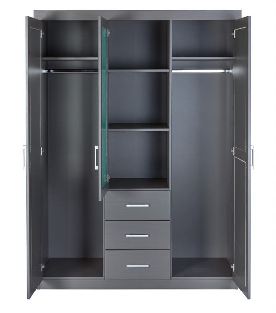 3-trg. Kleiderschrank Schrank Schlafzimmerschrank Spiegelschrank NORWIN Grau Massivholz lackiert
