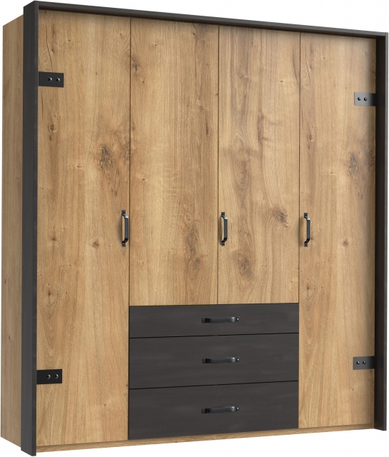 4 trg. Kleiderschrank DETROIT F99250 in Plankeneiche Nachbildung, Absetzung Raw steel + Metall