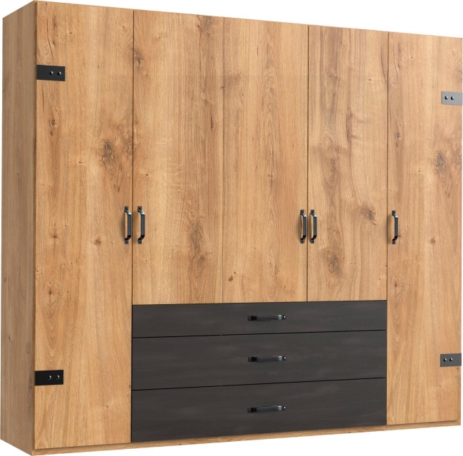 5 trg. Kleiderschrank DETROIT F99252 in Plankeneiche Nachbildung, Absetzung Raw steel + Metall