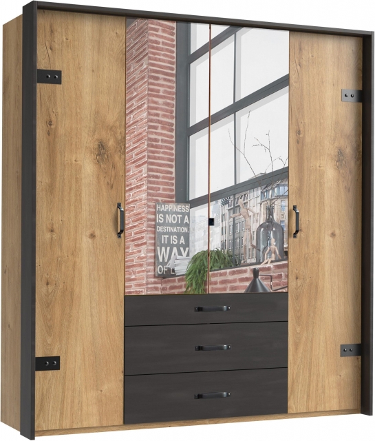 4 trg. Kleiderschrank DETROIT F99251 in Plankeneiche Nachbildung, Absetzung Raw steel + Metall, mit Spiegel