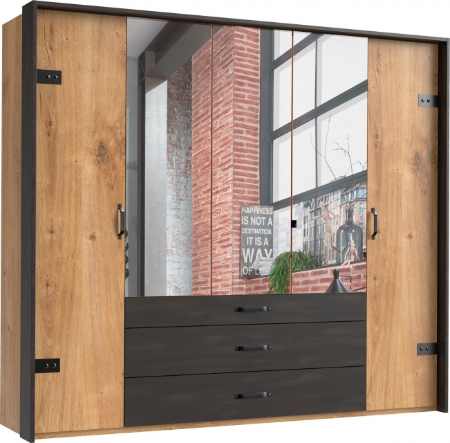 5 trg. Kleiderschrank DETROIT F99 253 in Plankeneiche Nachbildung, Absetzung Raw steel + Metall, mit 3 Spiegel