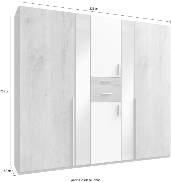 6 trg. Kleiderschrank ODESSA D20244 in Plankeneiche Nachbildung, Absetzung wei� mit Accessoire-Fach und Spiegel