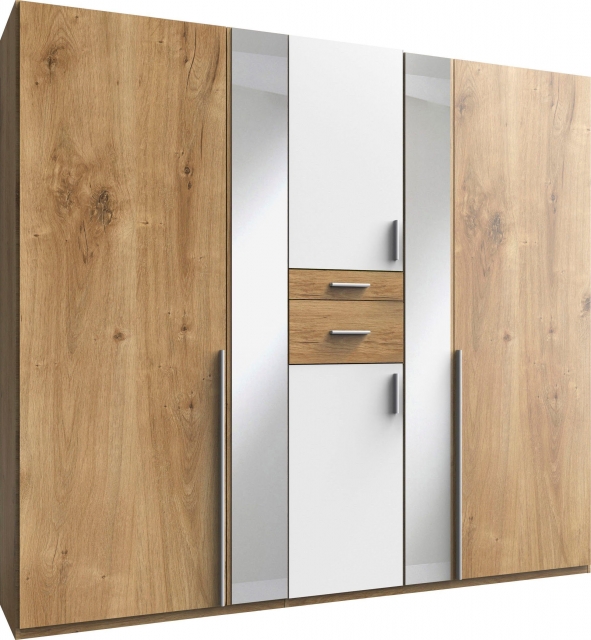 6 trg. Kleiderschrank ODESSA D20244 in Plankeneiche Nachbildung, Absetzung wei� mit Accessoire-Fach und Spiegel