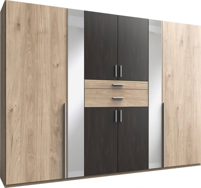 8 trg. Kleiderschrank ODESSA D26 245 in Hickory Oak Nachbildung, mittlere T�ren Raw Steel mit Accessoire-Fach und Spiegel