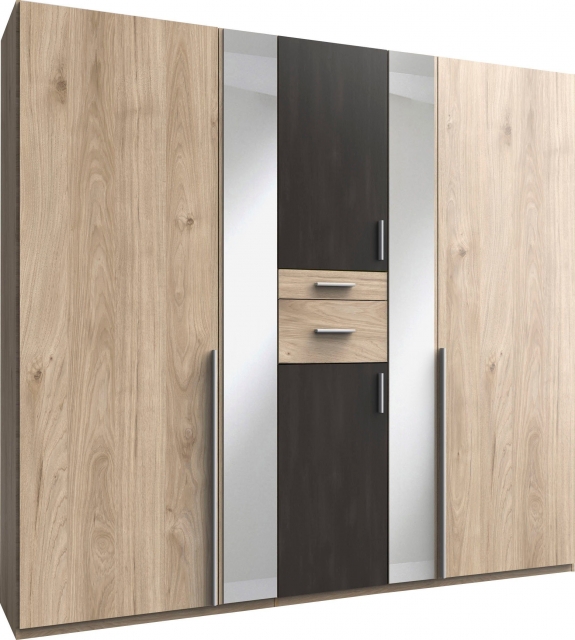 6 trg. Kleiderschrank ODESSA D26 244 in Hickory Oak Nachbildung, mittlere T�r Raw Steel mit Accessoire-Fach und Spiegel