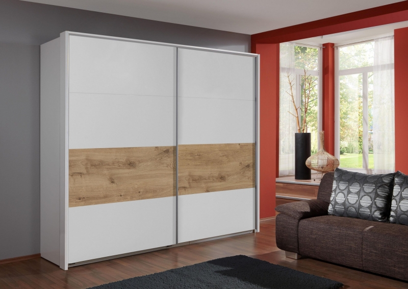 Schwebet�renschrank Kleiderschrank BERT 455 862 in Wei�, Abs. Plankeneiche Nachbildung 270 cm