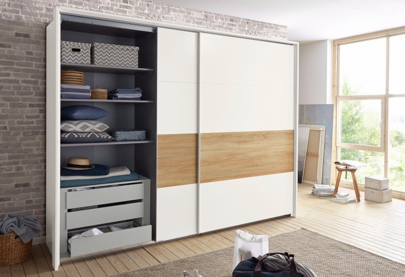 Schwebet�renschrank Kleiderschrank BERT 455 862 in Wei�, Abs. Plankeneiche Nachbildung 270 cm