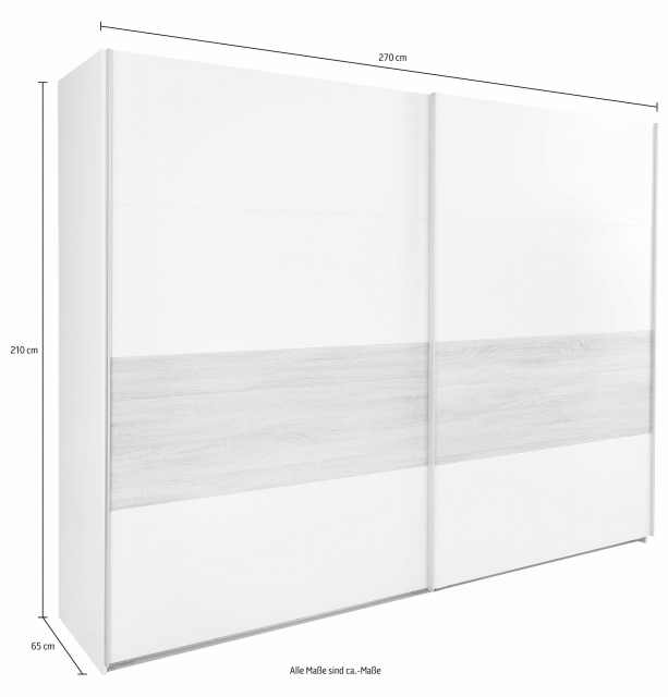 Schwebetürenschrank Kleiderschrank BERT 455 862 in Weiß, Abs. Plankeneiche Nachbildung 270 cm