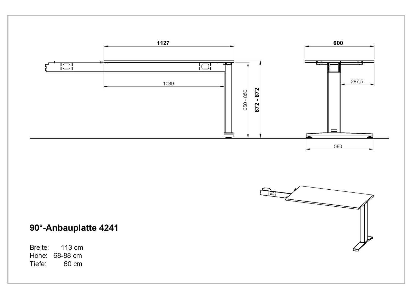 Germania 4241 höhenverstellbare mechanische Anbauplatte Büromöbel Lichtgrau/Silber oder Schwarz Nachbildung