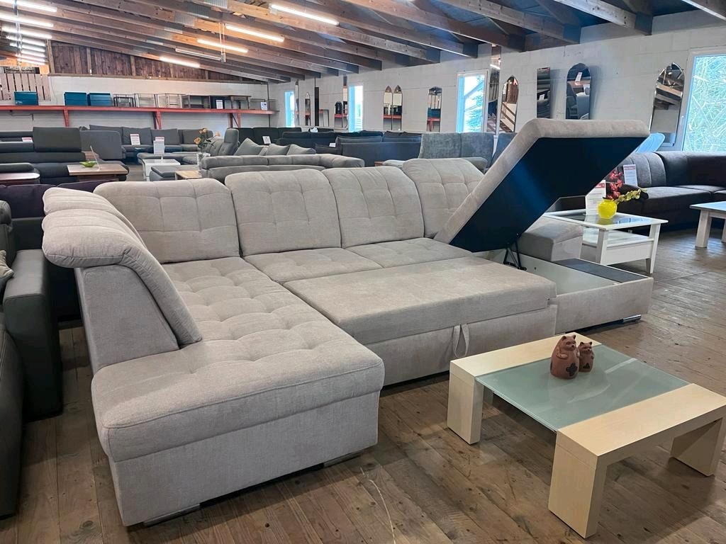 Wohnlandschaft U-Form Sofa Couch Polstergarnitur NIGRUM Schlaffunktion Bettkasten Ausstellung BH