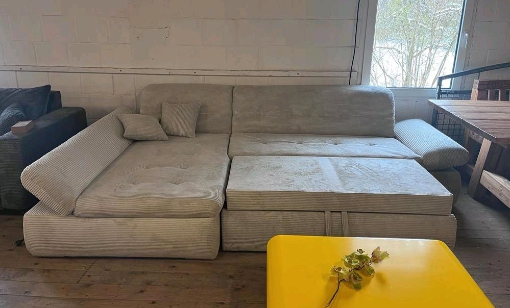 Ecksofa Polsterecke Sofa Couch L-Sofa MORIC Breitcord CREME Schlaffunktion Ausstellung BH