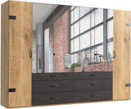 6 trg. Kleiderschrank DETROIT F99 254 in Plankeneiche Nachbildung, Absetzung Raw steel + Metall,  4 Spiegel